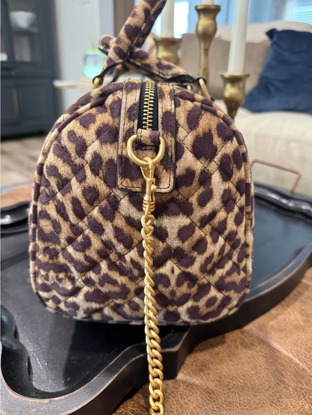 Kurt Geiger Kensington Leopard Boston Quilted Barrel Bag Purse-  Gold Hardware